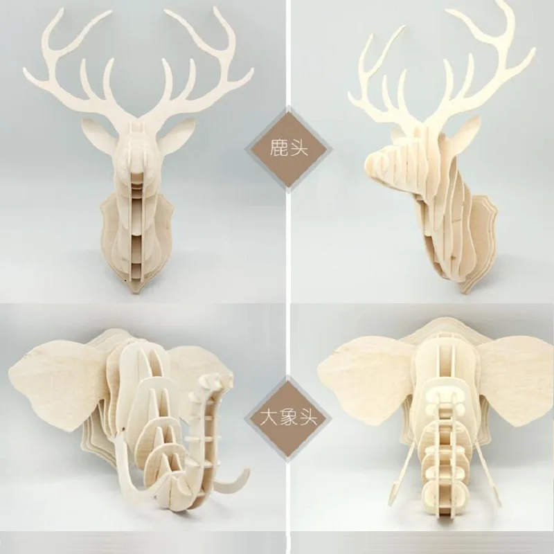 Unicorn ELK Deer Antelope Cattle Elephant Animal Head Home Wall Decoration Wooden 3D Puzzle Building Model Toy Boy Girl Gift