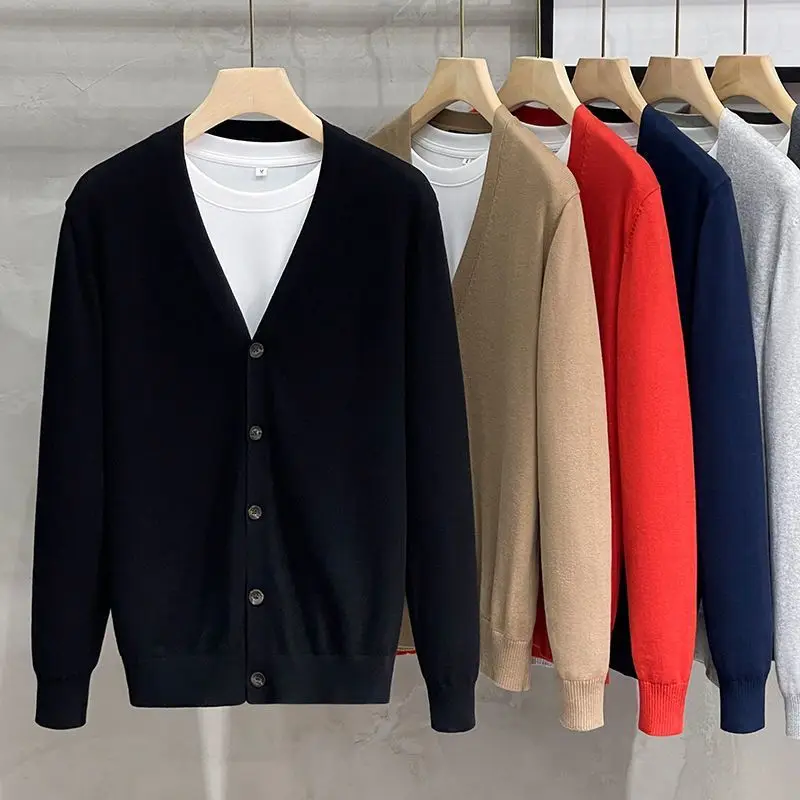 

Spring Autumn 2024 Men's Knitted Cardigan V-Ne Casual Sle Long Sve Cotton Sweater Outerwear Trendy Korean Version