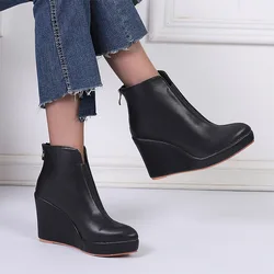 2024 Autumn Early Winter Shoes Women Ankle Boots Platform Modern Ladies Wedge Heels 10cm Pure Black White Plus Size 42 D150