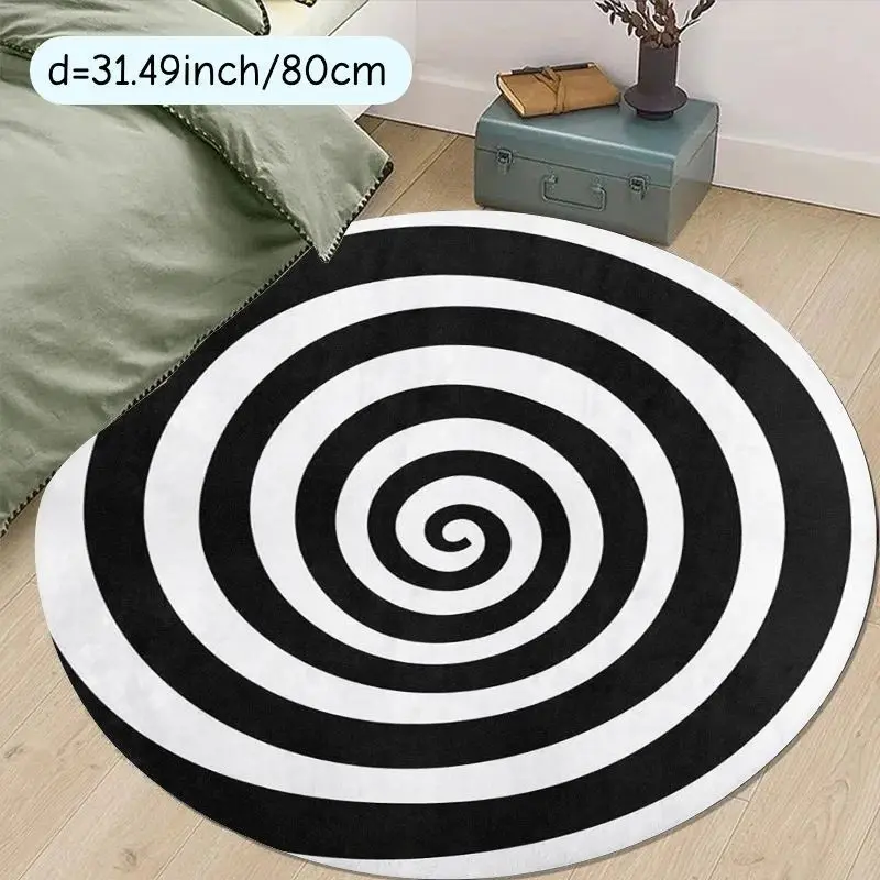 Black White Swirl Spiral Optical Illusion Round Rug, Minimalist Geometric Strip Floor Mat for Bedroom Sofa Side Dorm Indoor Home
