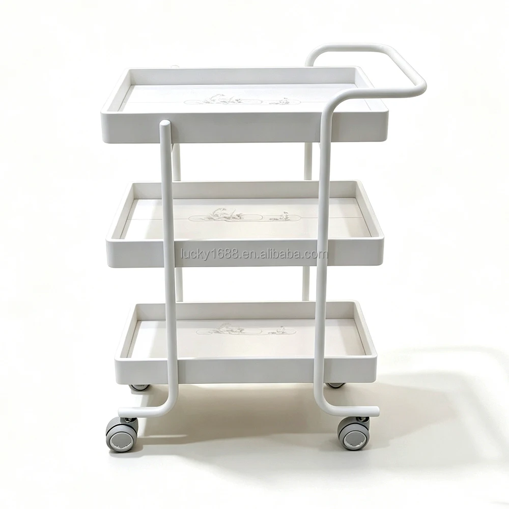 Luxury White 3-Tier Plastic Rolling Storage Trolley Cart Heavy Duty Durable Eco-Friendly Mobile Utility Cart For Beauty Salons