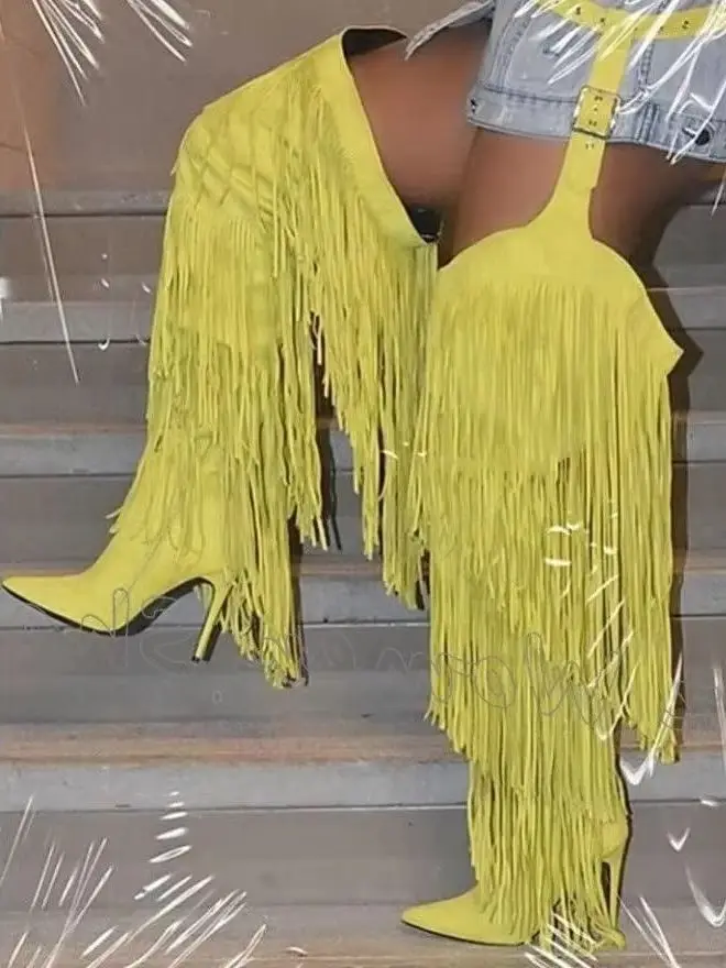 Over The Knee High Pant Boots Tassel Fringe Belted Side Zipper Solid Color Suede Fashion Novelty Sexy New Pointed Toe Thin Heel