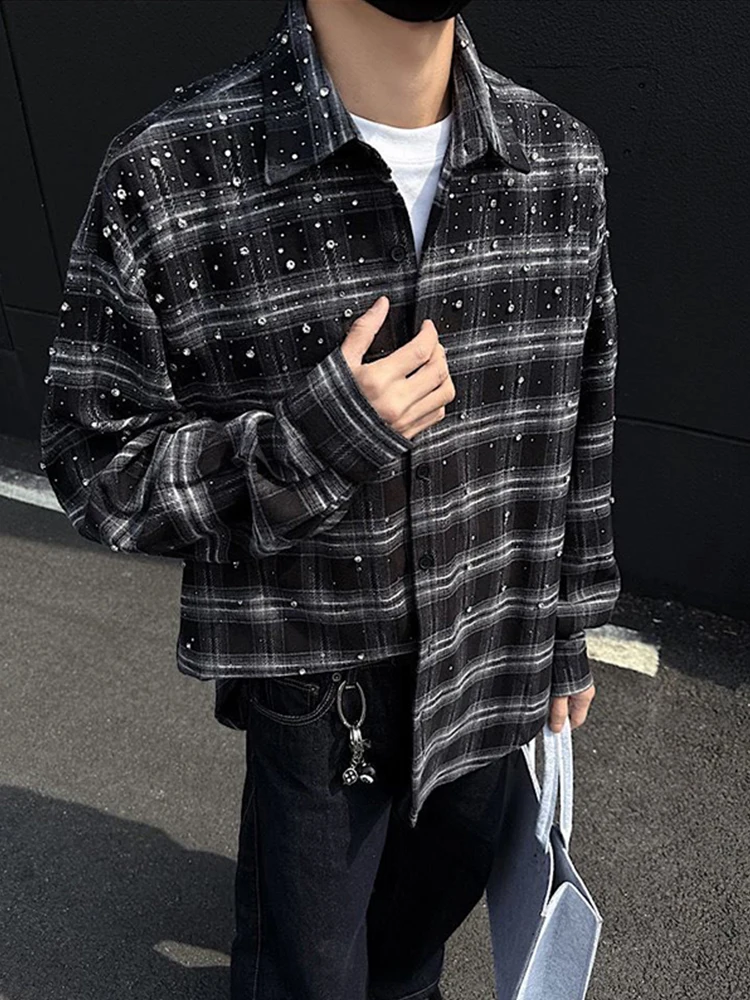 

Cleanfit Long Sve irt Мужская ранняя осень Американский ретро Sle Diamond Glue Cheered irt Jaet Дышащая свободная посадка