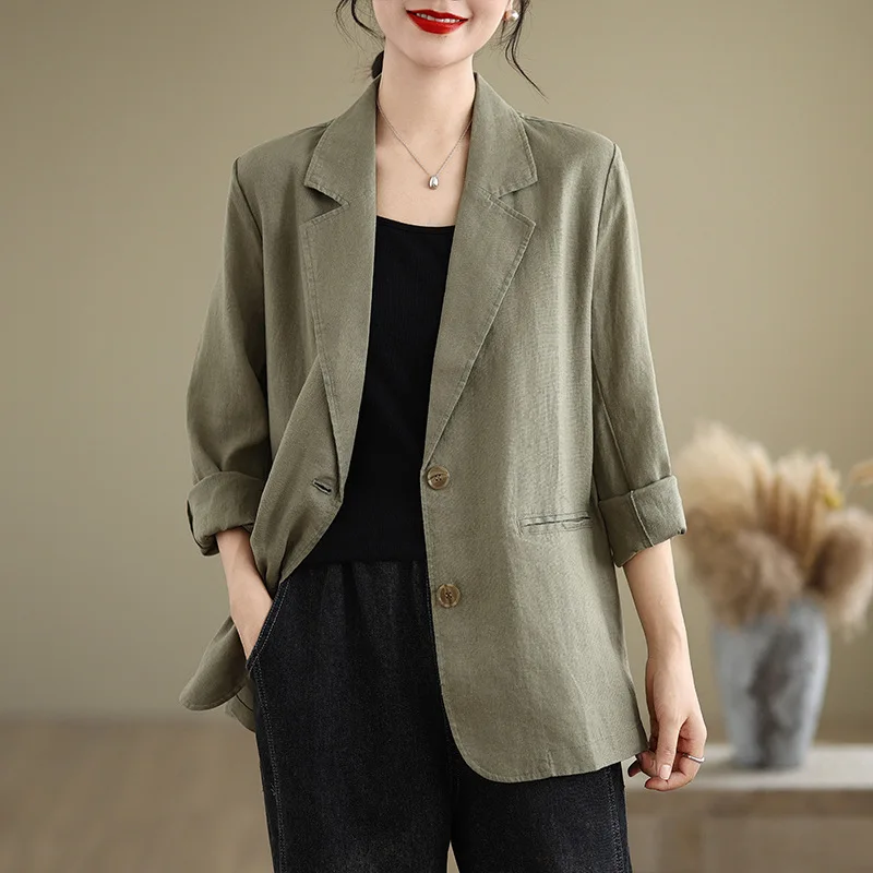 خريف جديد القطن والكتان الفني فضفاض المناسب دعوى طوق بأكمام طويلة سترة بدلة صغيرة تقسية المرأة الأعلى