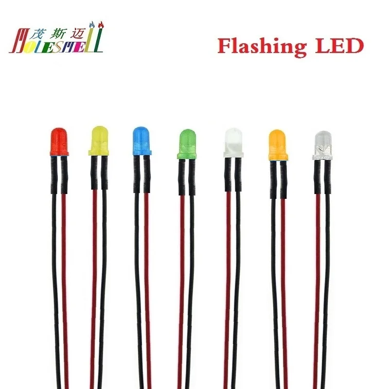 

1000pcs 3mm Flashing 3V DC Diffused/Water Clear LED Pre-Wired Red Yellow Blue Green White Orange R/G R/B RGB Fast/Slow Flash