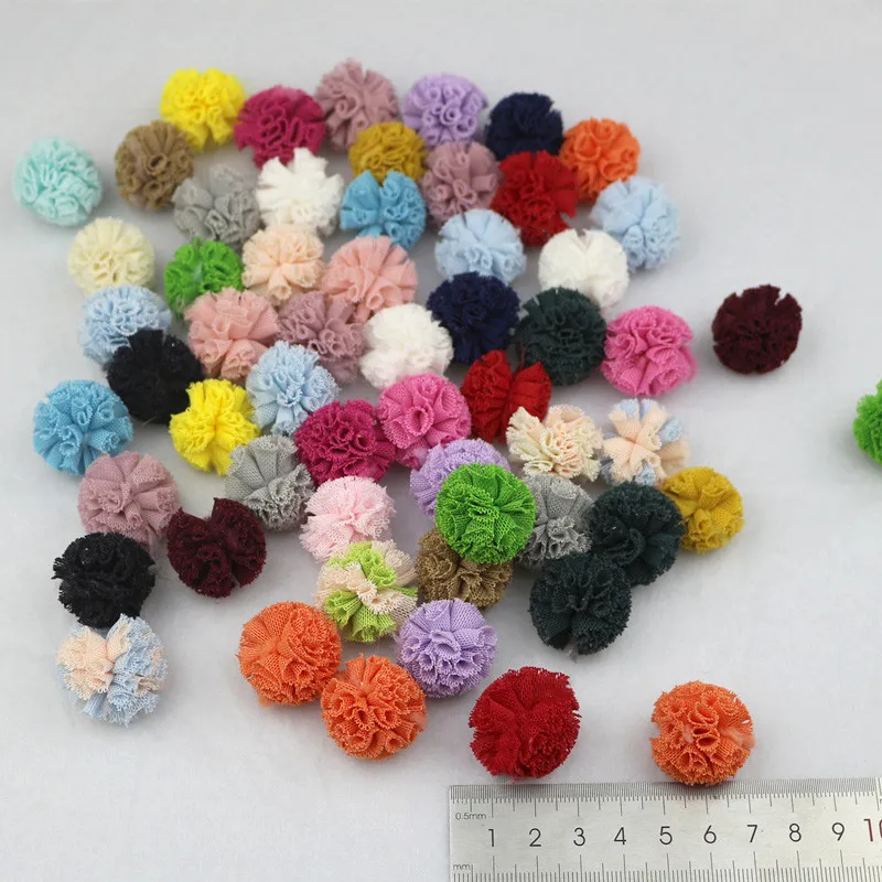 50Pcs 25mm Lace Pom Pom Balls Art Gauze Elastic Flower Pompoms DIY Craft Scarf Shoes Hats Fur Headwear Hair Clip Bow Accessories