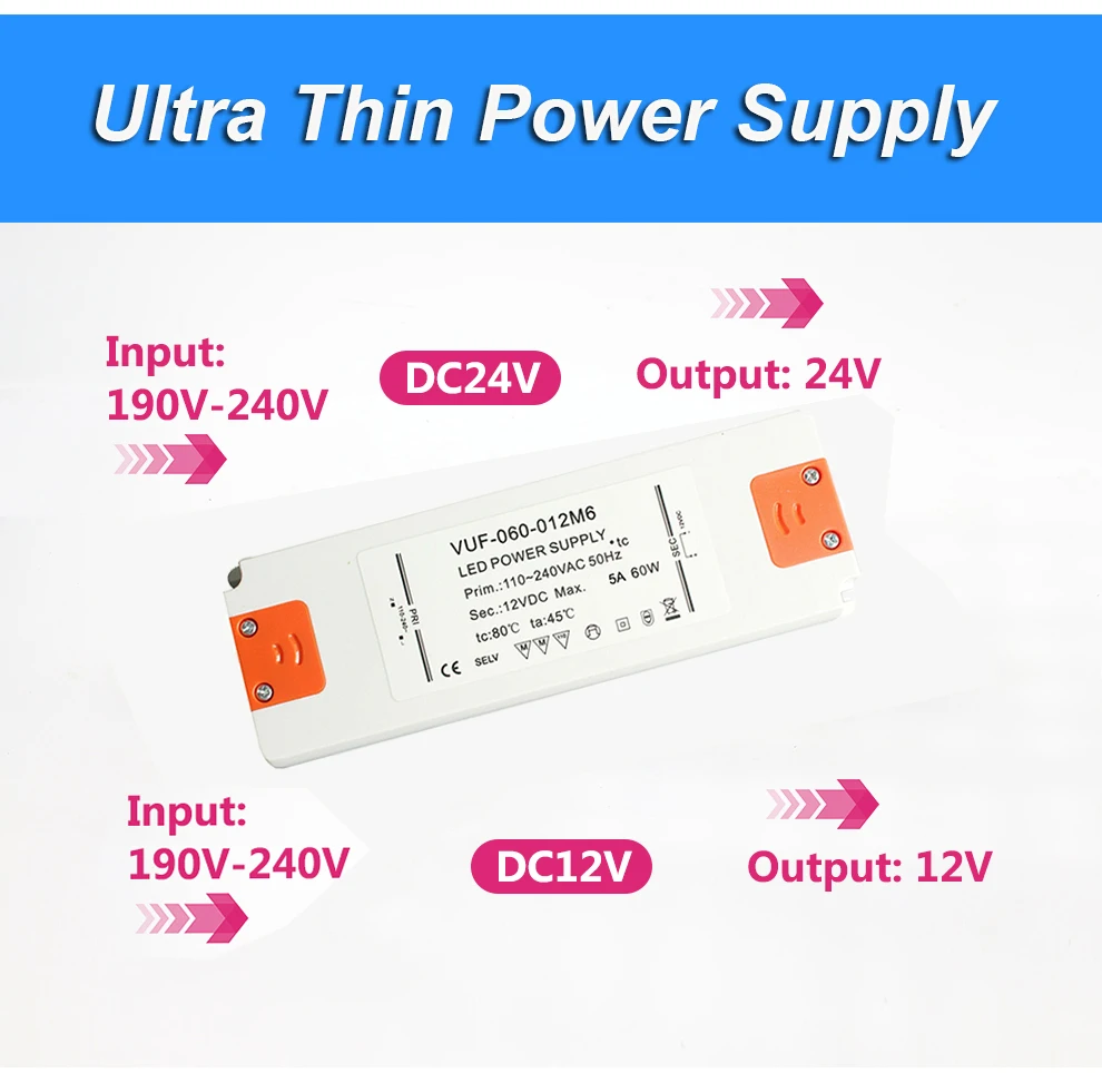 Ultrathin Led Transformer Power Supply 6W 12W 30W 60W AC110V 220V 230V 240V To DC12V 24V LED Driver Ballast Adapter for Lighting