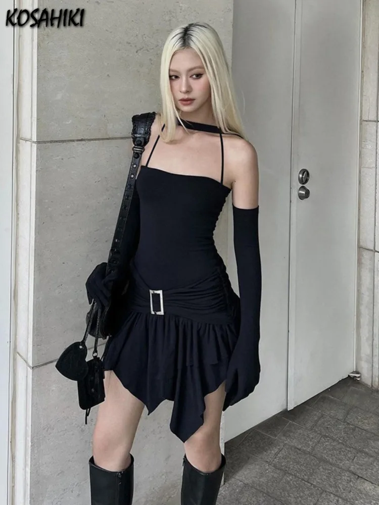 2024 Summer Streetwear Vintage Dresses Grunge Y2k Aesthetic Irregular Ruffled Vestido Slim Fit Harajuku Woman Halter Black Dress