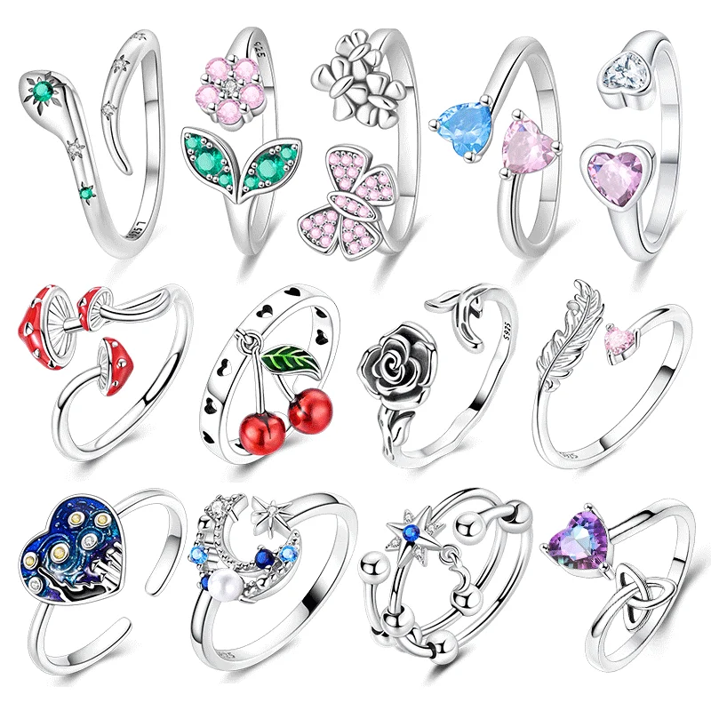 

Кольцо из стерлингового серебра 925 пробы с открытым концом, сияющий циркониевый цветок, красный гриб, вишневое кольцо, уникальные ювелирные подарки на годовщину