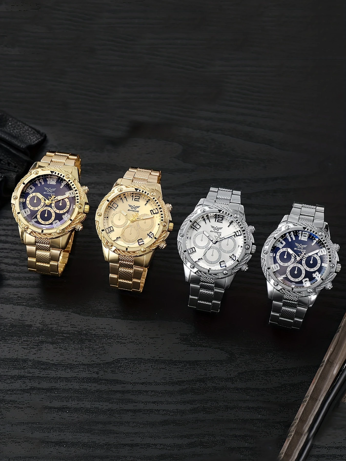 Reloj de cuarzo con esfera grande y tres esferas falsas redondas, de lujo, moderno y para hombre, 4 piezas.