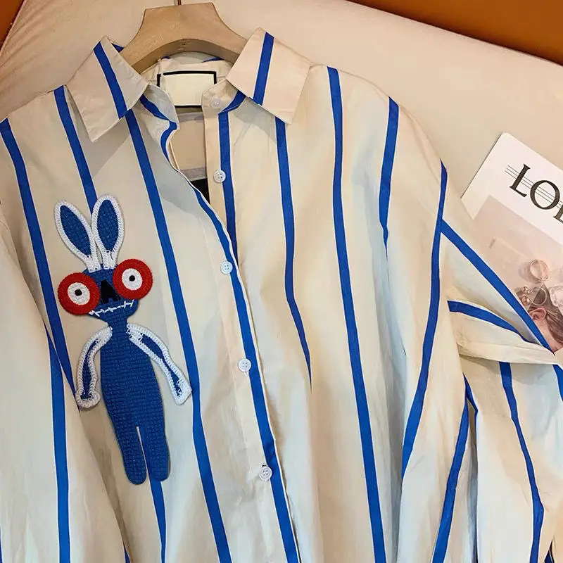 2023 Spring and Autumn Fashion Minimalist Loose Casual Fashion Brand Design Sense Contrast Blue Stripe Rabbit Versatile Shirt