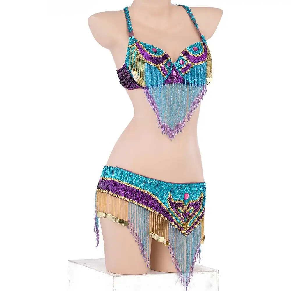 

Women Belly Dance Costume Tassel Bead Sequin Indian Performance Bra & Hip Scarf Stage Outfit Set