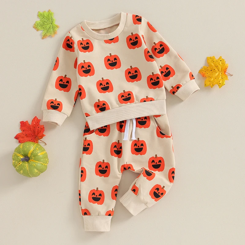 

Toddler Unisex Halloween Costume Set Pumpkin Print Crew Neck Sweatshirt and Pants Outfit for Baby Boys Girls Fall Clothes