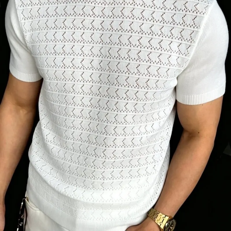 British Style Summer Knitted Hollow T-shirt for Men Round Neck Short Sleeved Ice Silk Casual T-shirts Elastic Versatile Tee Tops