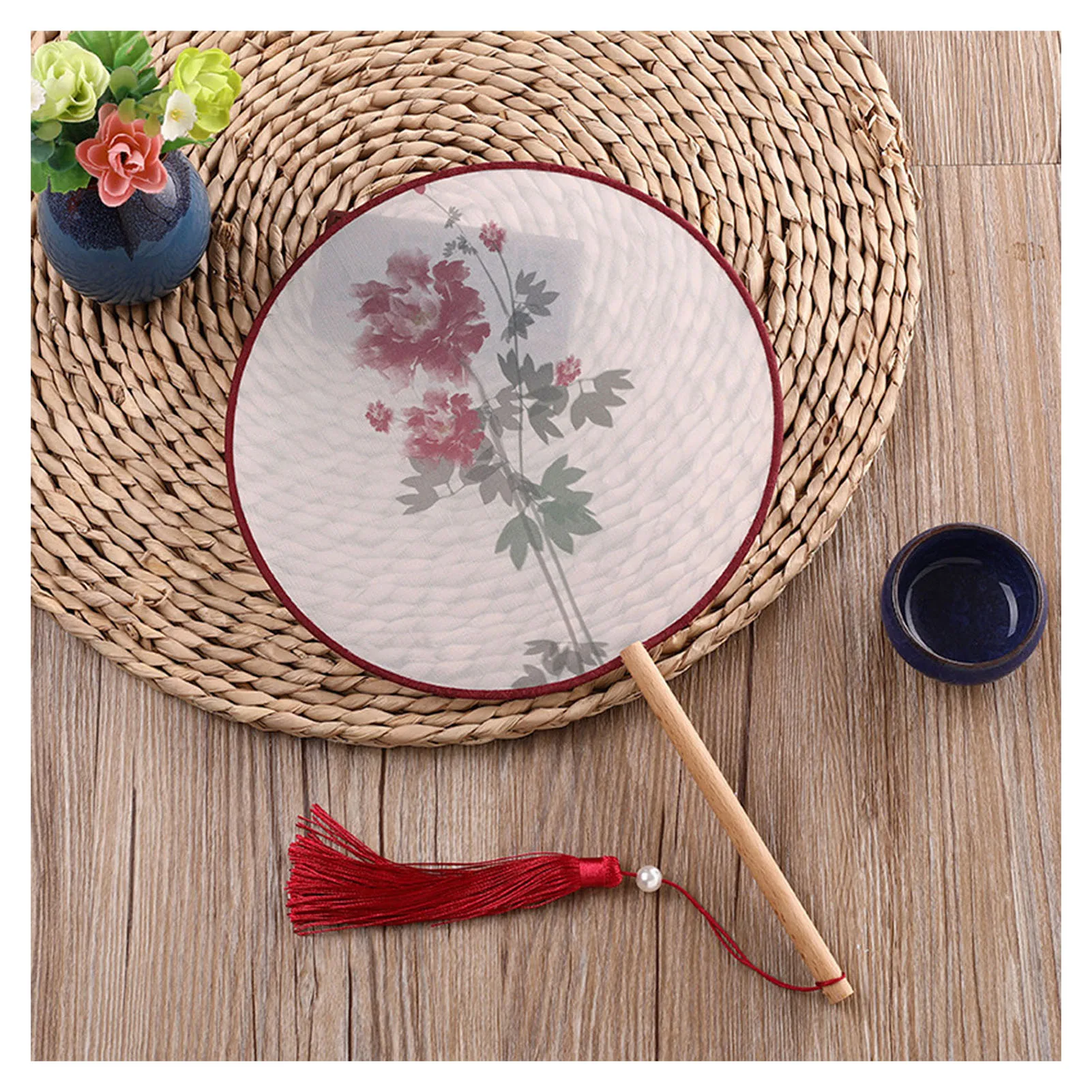 Classic Chinese Round Fans Translucent Silk Embroidered Hand Held Fan for Women Dance Wedding