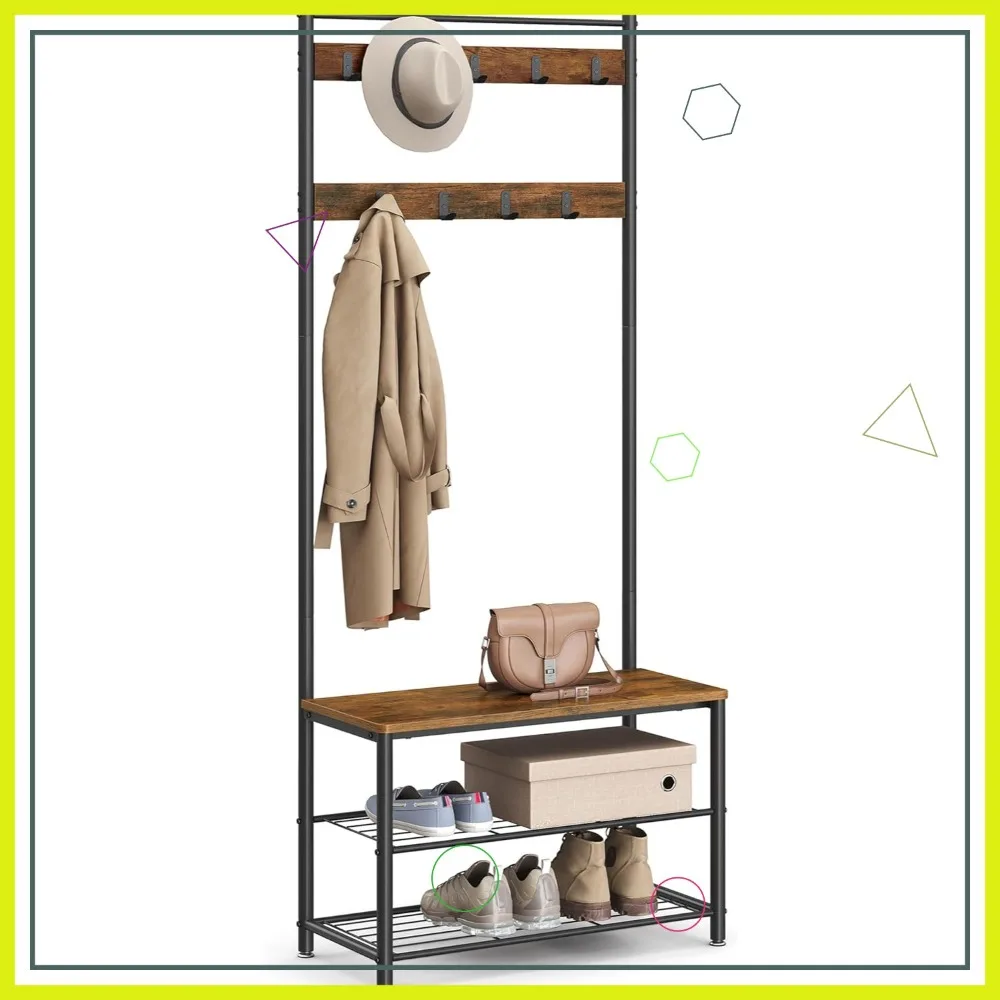 

Промышленная скамья для прихожей в стиле рустик, коричнево-черная, с местом для хранения обуви, 3-в-1, стальная рама, 12,6 x 27,6 x 68,9 дюймов