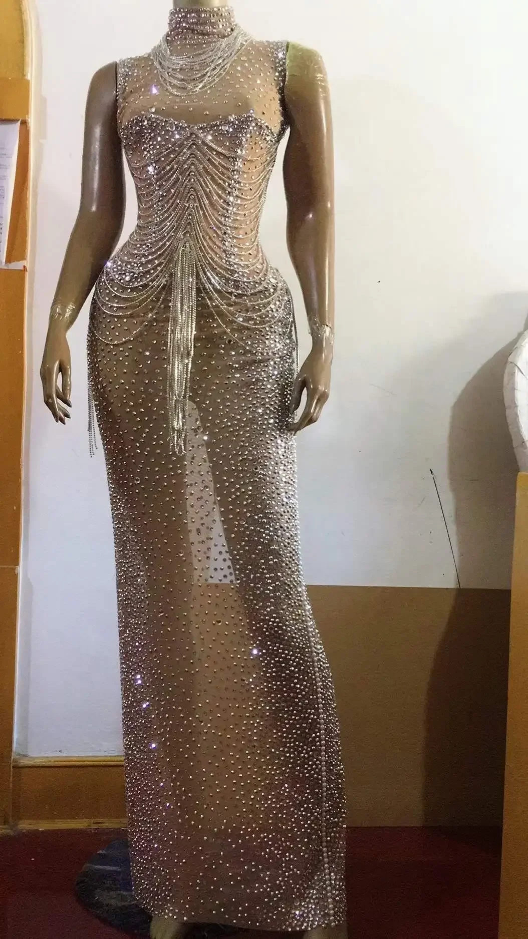 

Women Drill Crystal Sparkly Rhinestone Dress Or Jumpsuits See Through Party Birthday Outfit Stage Wear Drag Queen Costumes