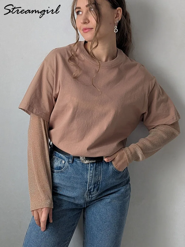 Oversize T Shirt Women Transparent Long Sleeve White Mesh Tops Black Bright Silk Tees Summer 2025 Women\'s T-Shirts Loose Tshirts