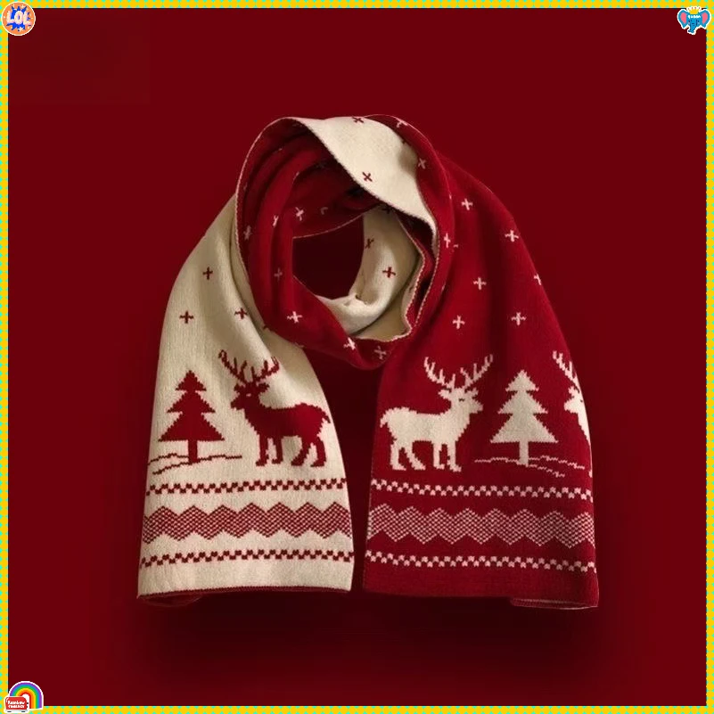 1 szt. Świąteczny szalik renifera, dziergany, ciepły, dwustronny wzór, zimowy dodatek modowy na święta dla kobiet i dziewcząt, prezent na przyjęcie bożonarodzeniowe.