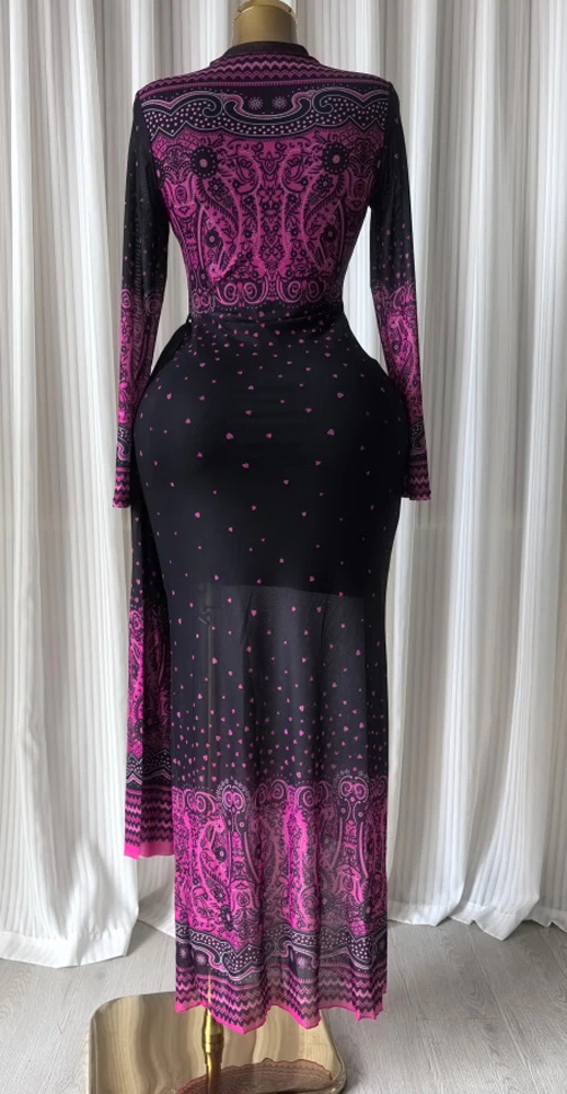 JENYAGE Damen Sexy Rosa Schwarz Paisley-Druck Transparentes Netzstoff-Oberteil mit Stehkragen Langarm Drapiertes Wickel-Bodycon-Party-Abend-Jumpsuit-Kleid – Detail 8