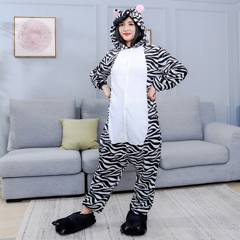 Family Winter One-Piece Cartoon Zebra Pajamas With Two Pink Round Ears Polyester Warm Slim Fit And ComfortCute Sleepwear Cosplay