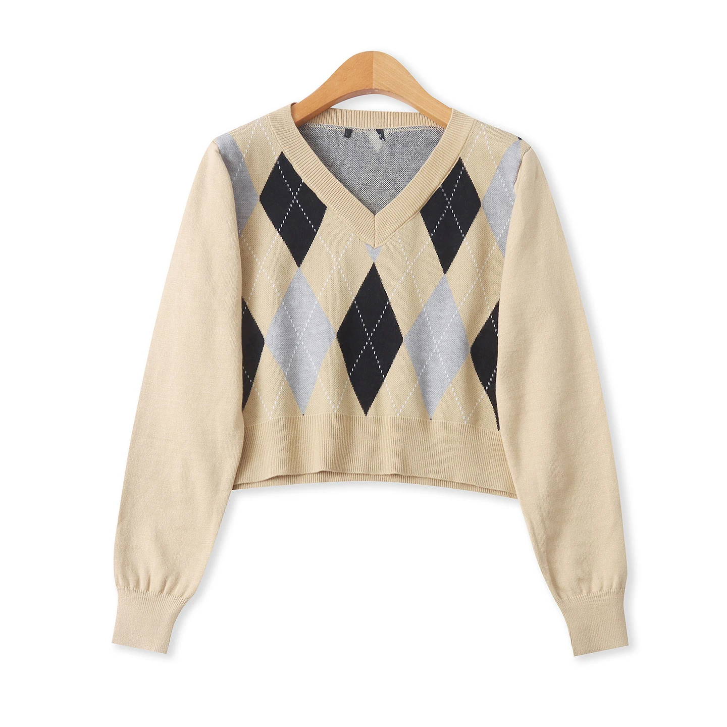 

Faionable Diamond Patterned Long Sve V-Ne Sweater Spring Autumn Women's Sweet Sle Loose Fit Knitwear Small College S...