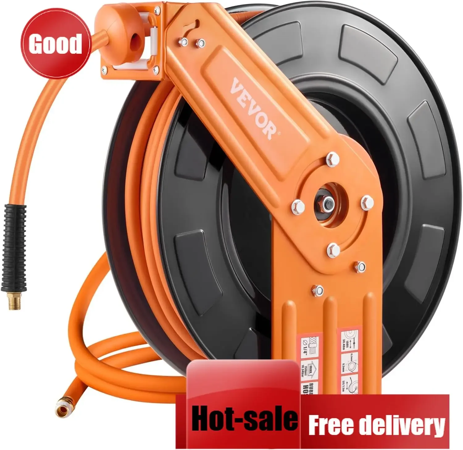 Auto Rewind 3/8In x 100Ft Rubber Air Hose Reel 300PSI Max 5Ft Lead In Wall Ceiling Mount Single Arm Steel Reel 1/4In NPT Fitting