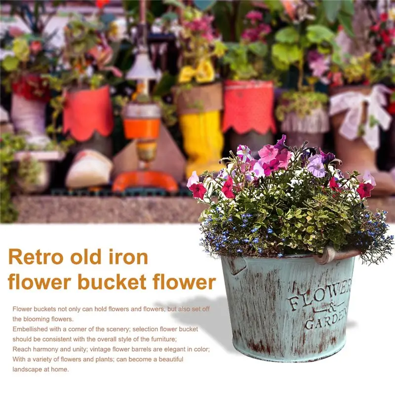 Country Retro Old Metal Flower Bucket Flower Creative Home Desktop Decoration Metal Craft Iron Bucket Small Flower Pot