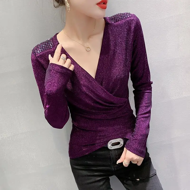 Spring Autumn New Deep V Neck All-match Elegant Tops Long Sleeve Solid Slim Temperament T Shirts Office Korean Women Clothing