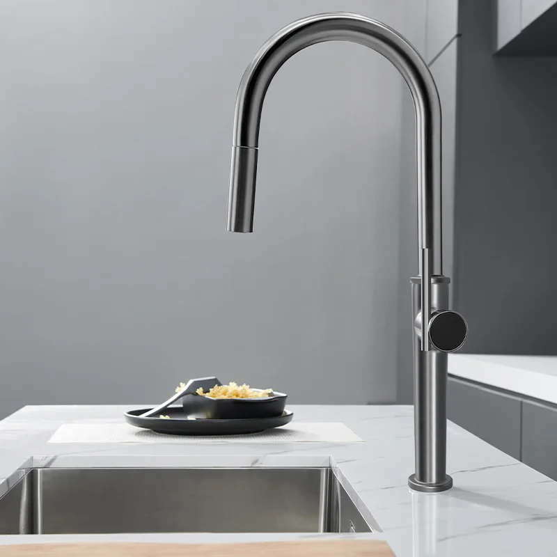 

Deck Mounted One Hole Pull Out Sink Faucet Two Modes Kitchen Sink Faucets Single Handle Hot and Cold Mixer Taps Gray