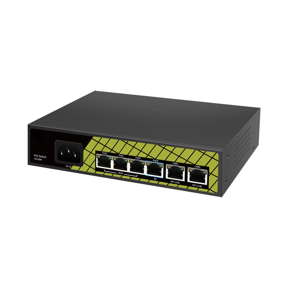 AI Long Distance PoE Switch Support IEEE802.3af/at/bt 2*100Mbps  up-link +4*100Mbps PoE Watchdog AI Function PoE port