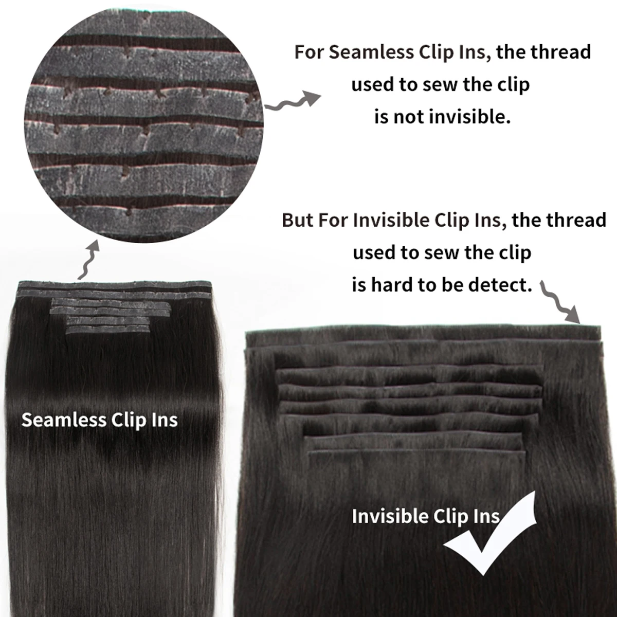目に見えない厚いPUクリップ式人毛エクステ、シームレスPUウェフトテープクリップ式ヘアピース、太い未処理毛用、7個セット、12～24インチ、100～120グラム