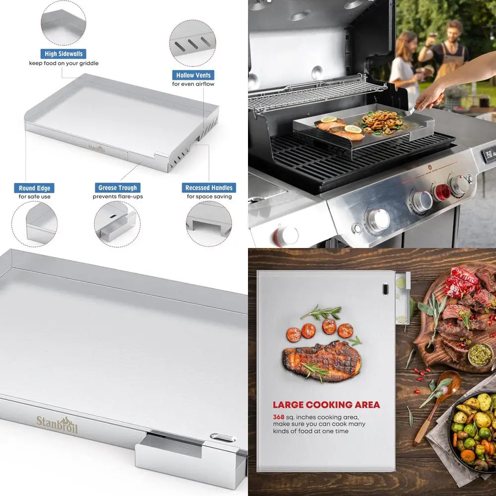 

Rectangular Stainless Steel Griddle for Charcoal and Gas Grills, 23x16 Cooking Surface with Removable Grease Tray
