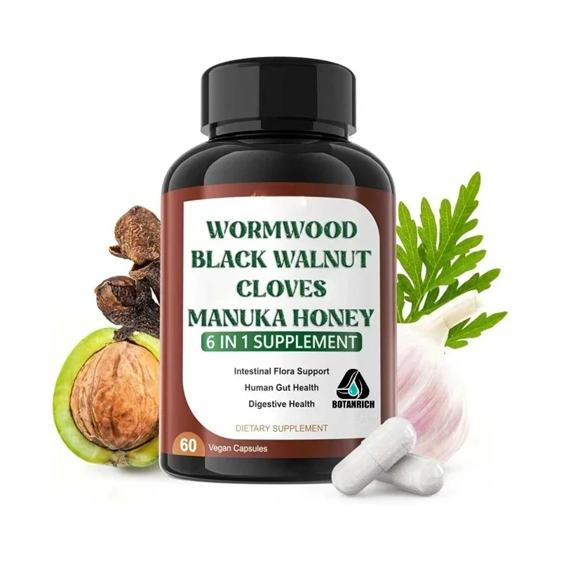 6-in-1 Worm Black Walnut Lilac Capsules, Cleansing and Intestinal Protection Formula Supplement, 60 Capsules
