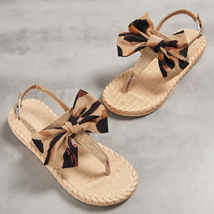 Sandals Straps Comfort Shoes for Women Summer Heels Large Size Flip Flops Platform  Leopard Low 2024 Girls Big Bow Handmade Corr image 2