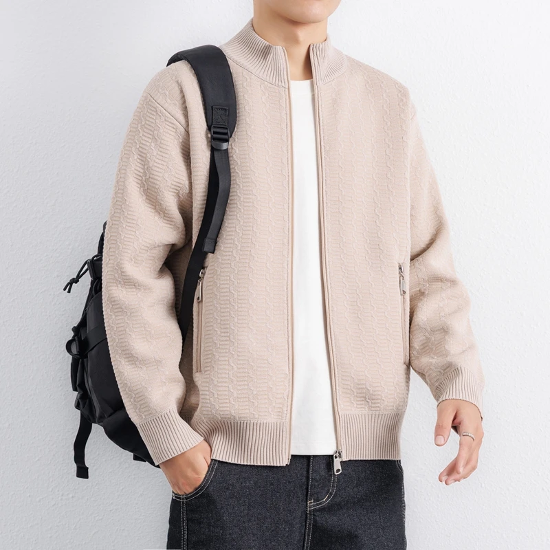 

Мужской кардиган с воротником-стойкой, жаккардовая флисовая подкладка, теплая зима, новая мода 2025, бежевый, черный, серый, темно-синий ​