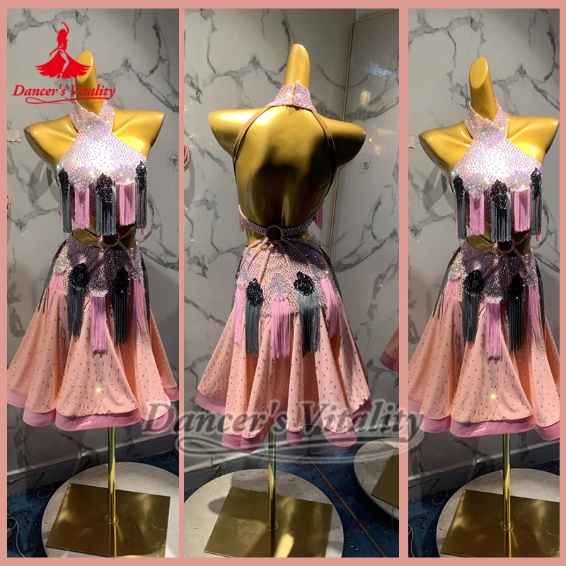 Teenagers Samba Pink Sleeveless Tassels Clothing Dancer's Vitality Latin Dance AB Stones Perform&Contest Outfit Advanced Custom