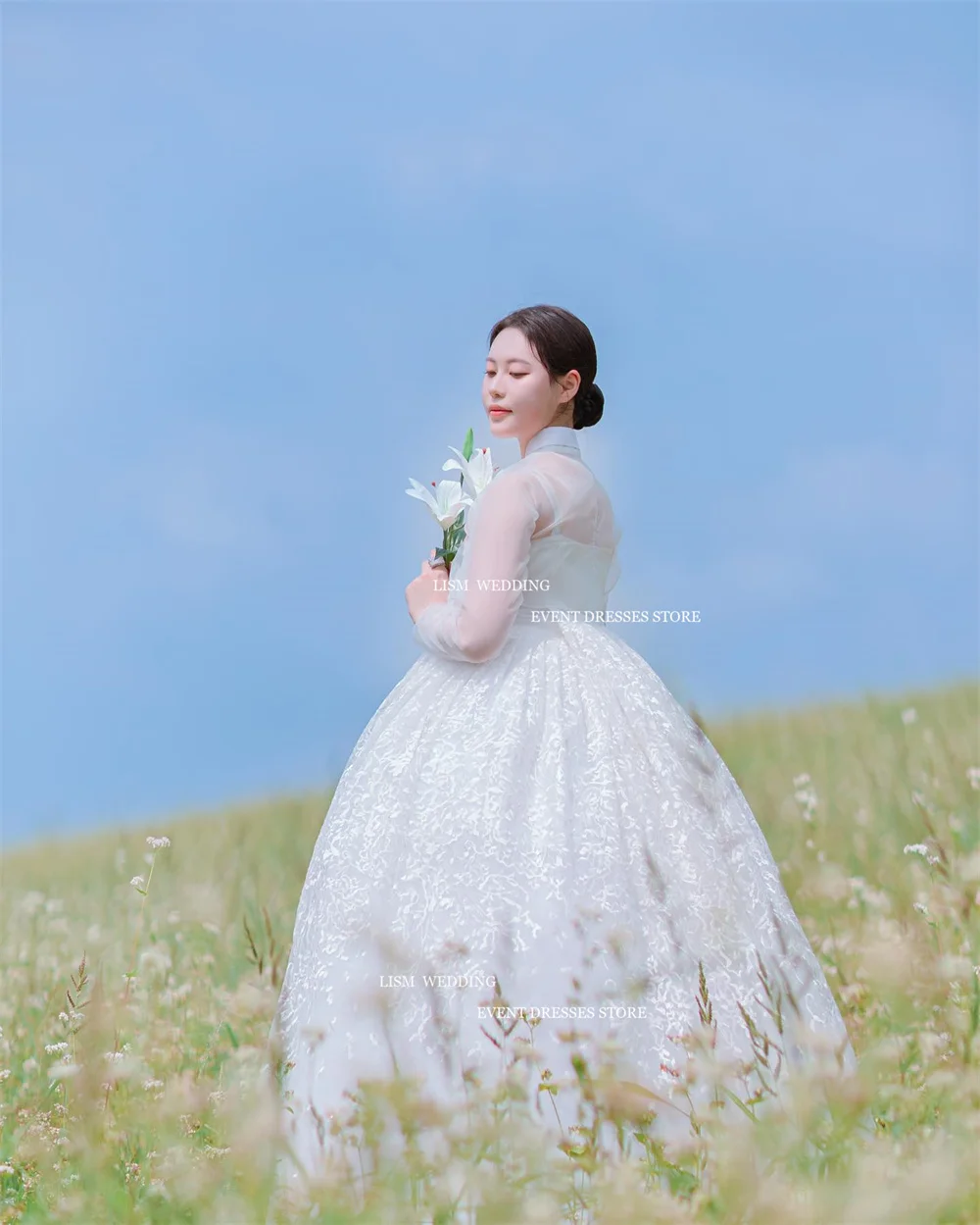 LISM Vintage Korea A-Line Hanbok Wedding Dresses Photo Shoot Long Sleeves V-Neck Organza Bridal Gowns Formal Occasion Dress 2024