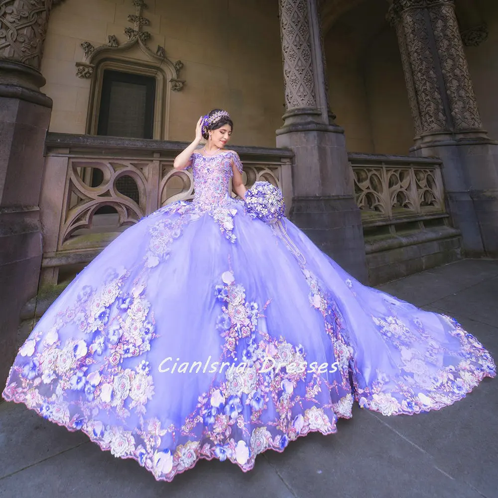 Lila 3D Blumen Perlen Perlen Quinceanera Kleid Ballkleid Weg Von Der Schulter Appliques Spitze Korsett Süße 16 Vestidos De XV años