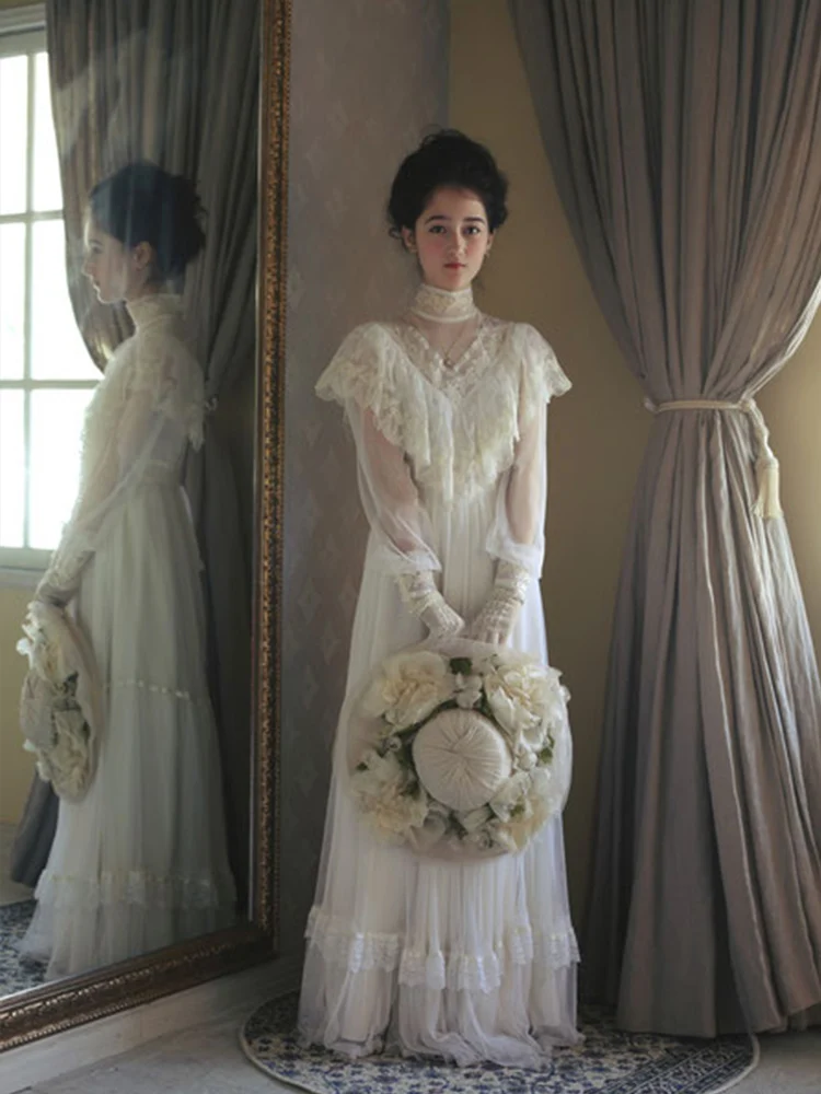 فستان نسائي طويل الأكمام من الفيكتوري من العصور الوسطى ، فستان زفاف مع الحجاب ، ثوب زفاف ، رقبة عالية ، تول ، زي خشبة ، أبيض