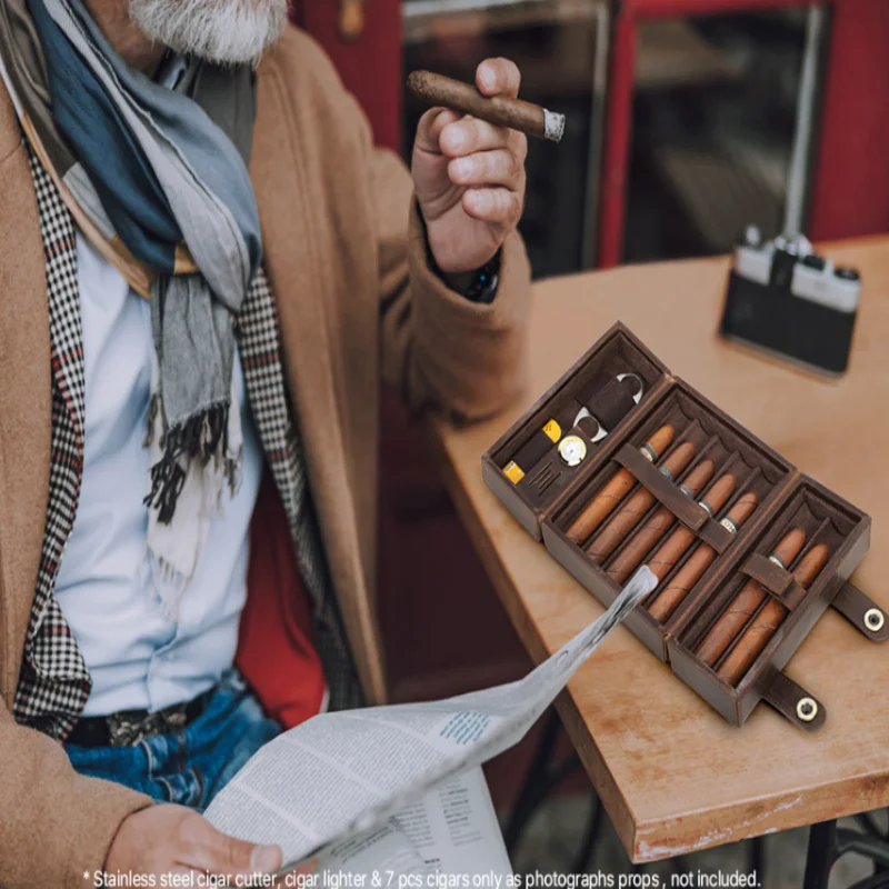 

Genuine Leather 7 Cigar Tube Holder Humidor Portable Travel Design Outdoor Cigar Lovers High-End Stylish
