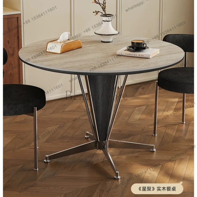 Retro wind rock slab dining table Round home living room High-end Italian minimalist stainless steel solid wood dining table