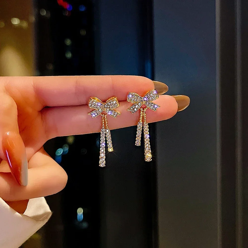FSUNION 2025 New Crystal Silver Color Bow Diamond Cubic Zirconia Temperament Drop Earrings for Women Fashion Jewelry Gifts