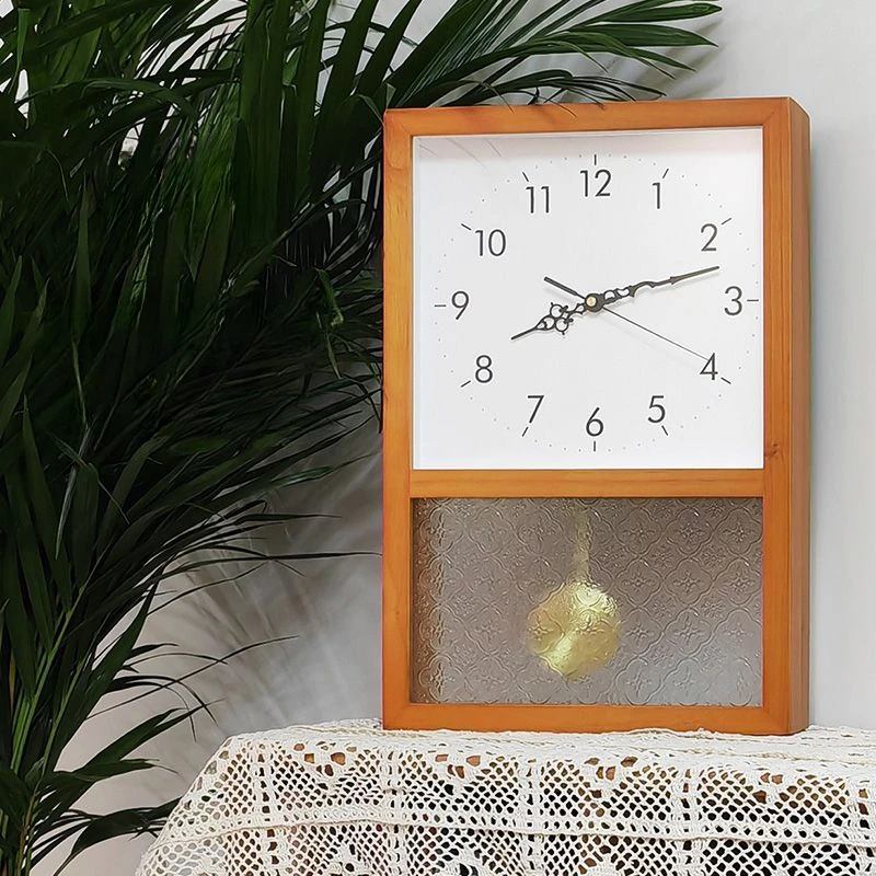 Log Cream Wind Wall Clock Retro Living Room Household Silent Hanging Watch Modern Simple Rectangular Solid Wood Pendulum Clock