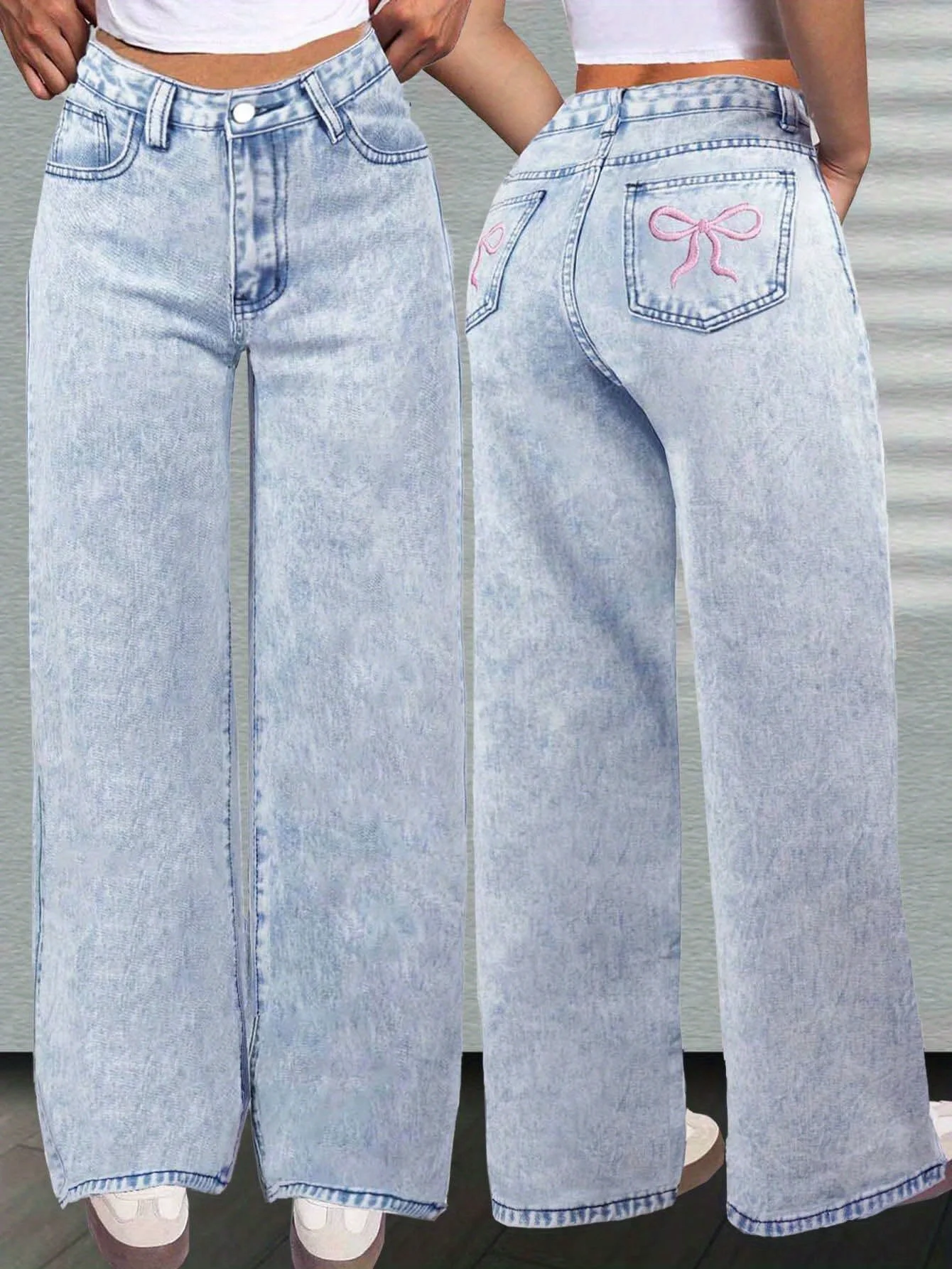 

Teenage girls' casual, simple, cute, sweet and elegant pocket design, pink bow embroidered washed jeans, suitable for vacation,