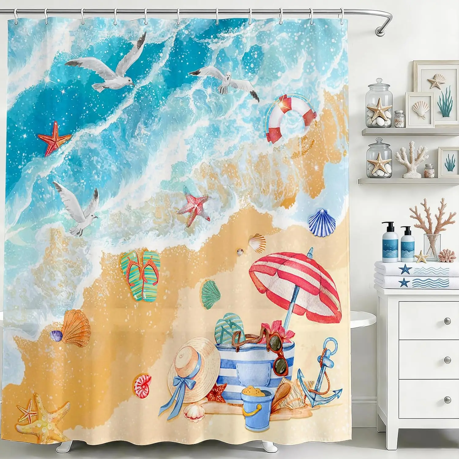 

Summer Beach Shower Curtain Sea Waves Ocean Beach Shells Bathroom Shower Curtain Summer Seaside Nautical Coastal Waterproof