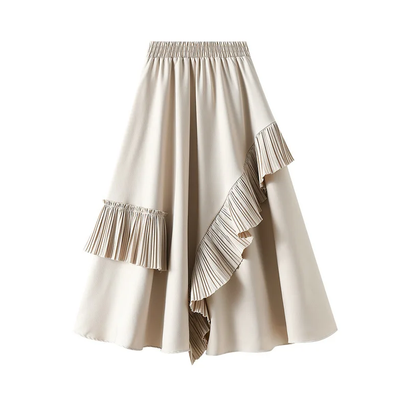 

High Waist A-line Skirt Womens Fashion Korean Ruffles Midi Skirt Spring Summer 2022 Casual Beige Black Elegant Skirts