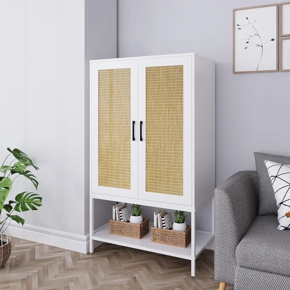 Wardrobe Closet,Rattan Bedroom Armoires with 2 Doors,Wooden Wardrobe Cabinet with Shelves and Hanging Rod for Clothes,White