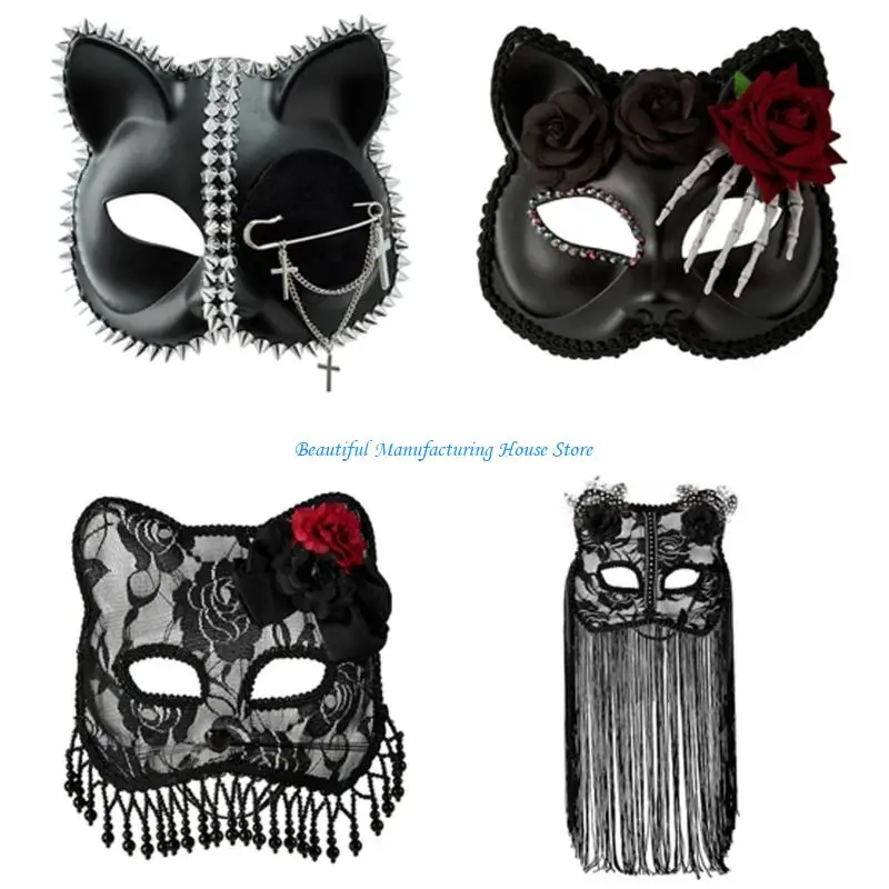 

E56A Masquerades Mask with Flower Fringe Veil Ball Prom Mask Lace Foxes Cats Face Mask Cosplay Mask Halloween Mask for Women