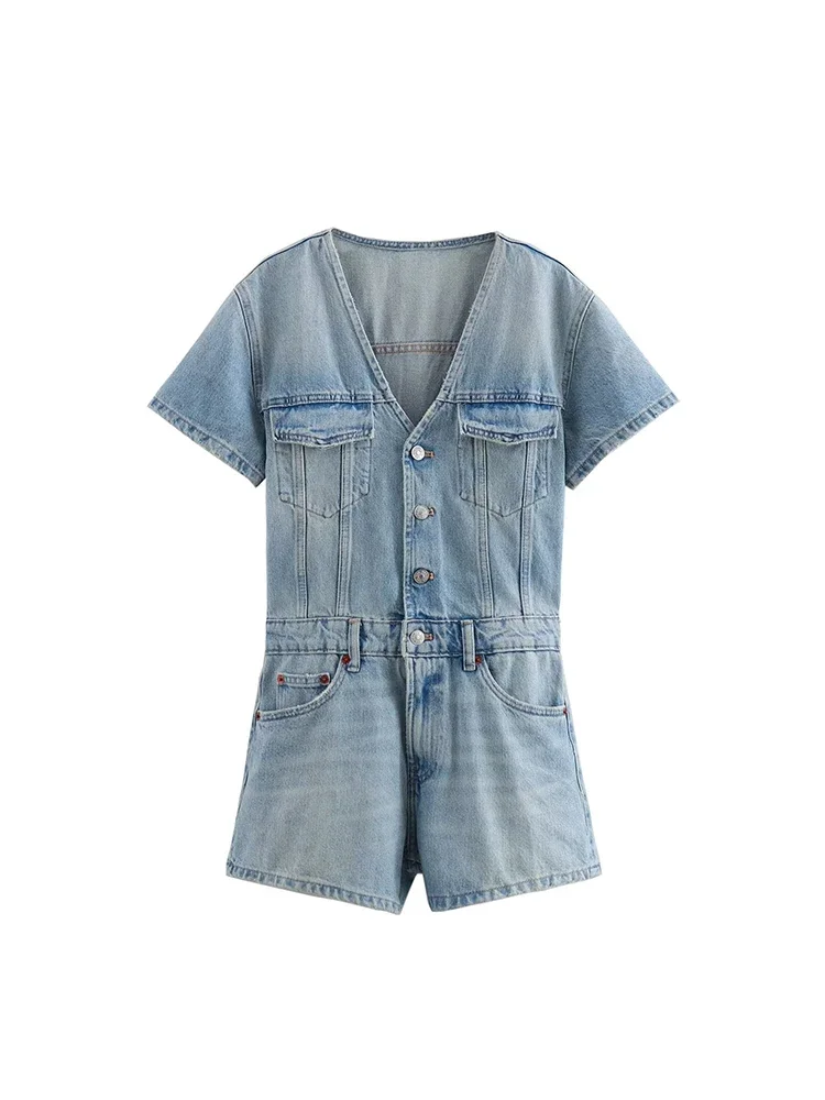 Willshela Damesmode Denim Blauw Single Breasted Speelpakjes Vintage V-hals Korte Mouwen Vrouwelijke Chique Dame Rompertjes